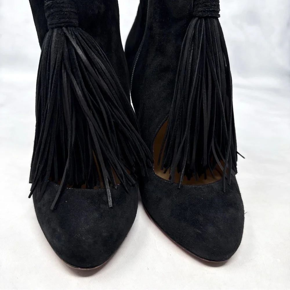Christian Louboutin Christina 85 Tassel Suede Block Heel Ankle Boots Black 35